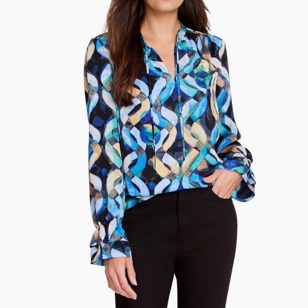 NIC+ZOE Blue and Gold Patterned Blouse